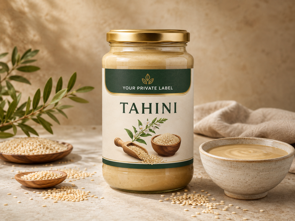 Private Label Tahini - Private Label Tahini Jar Sesame Seeds for European private label food manufacturing and B2B supply